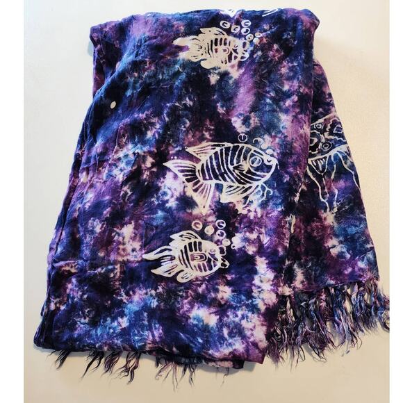 Purple Batik Tie-Dye Beach Coverup - Fringed Sarong Wrap - Picture 3 of 7
